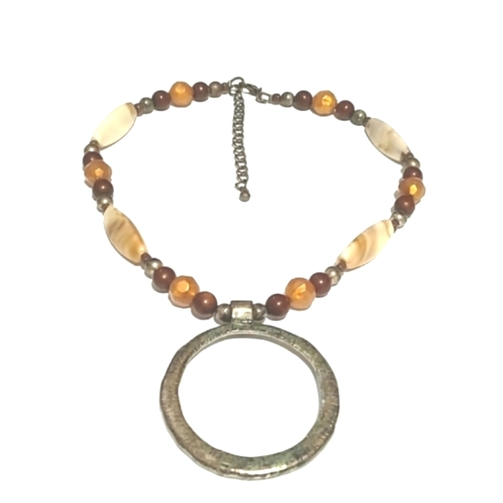 💥CLEARANCE💥VINTAGE AGATE STONE BEADED PENDANT CHOKER COLLAR 19" NECKLACE